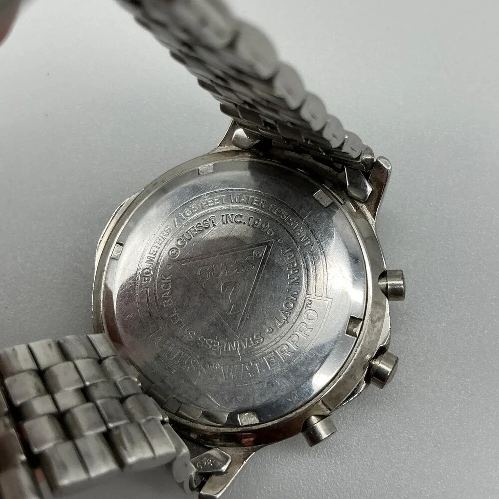 Vtg Guess Waterpro Mens Watch 40mm Black Dial Stainless Chrono New Battery 6.75